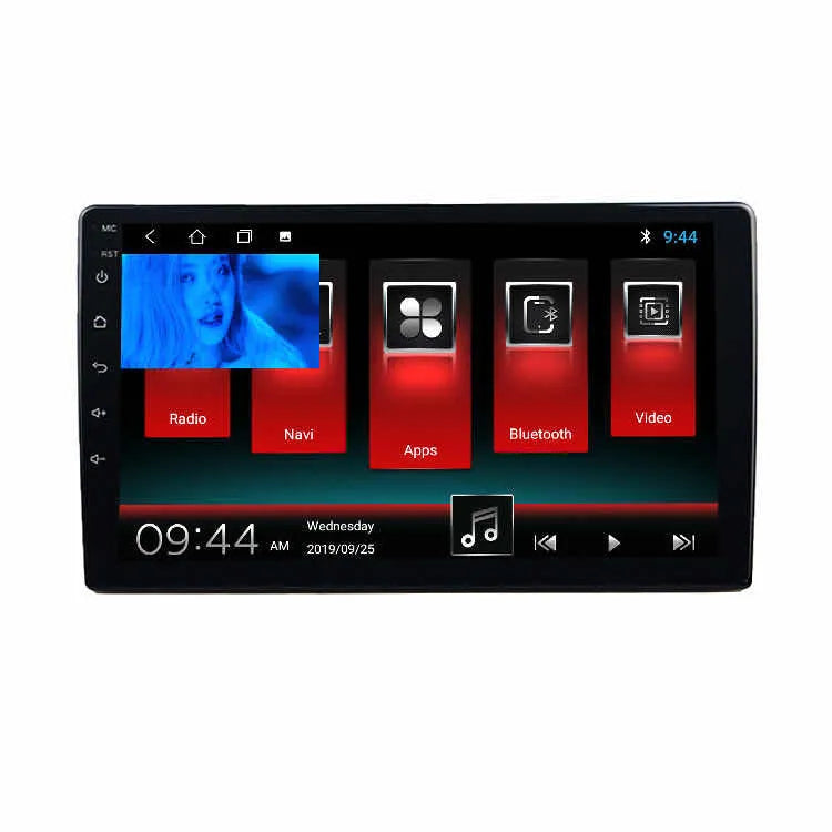 Black GM Android car sat nav with a large rotating LCD screen on a car dashboard.