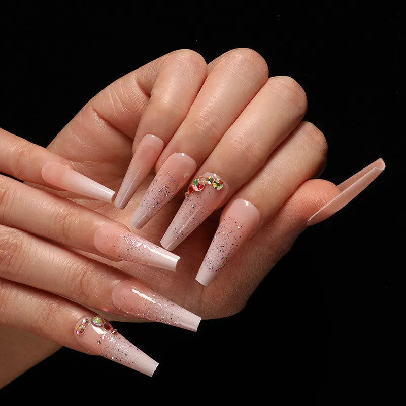 Boxed ballet gradient fake nails with starry sky glitter effect, 24 pieces in photo colour