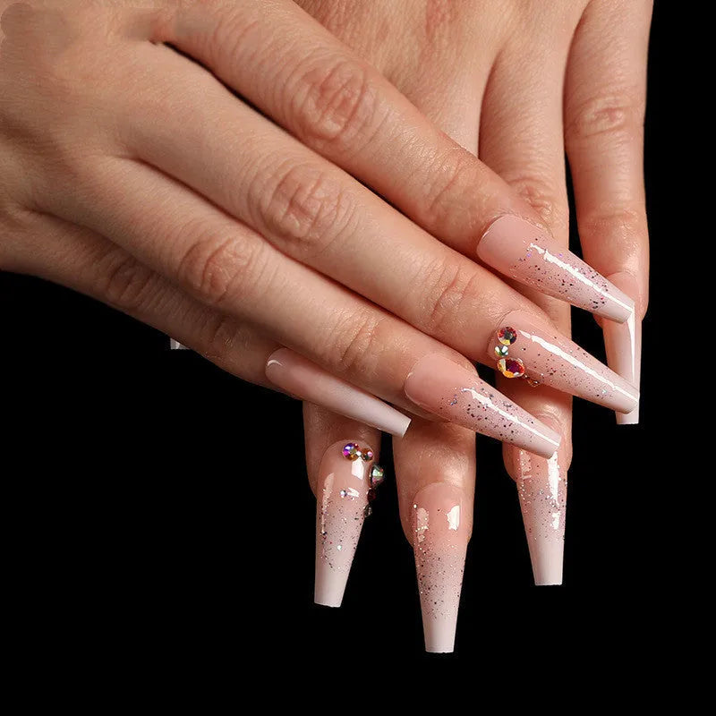 Boxed ballet gradient fake nails with starry sky glitter effect, 24 pieces in photo colour