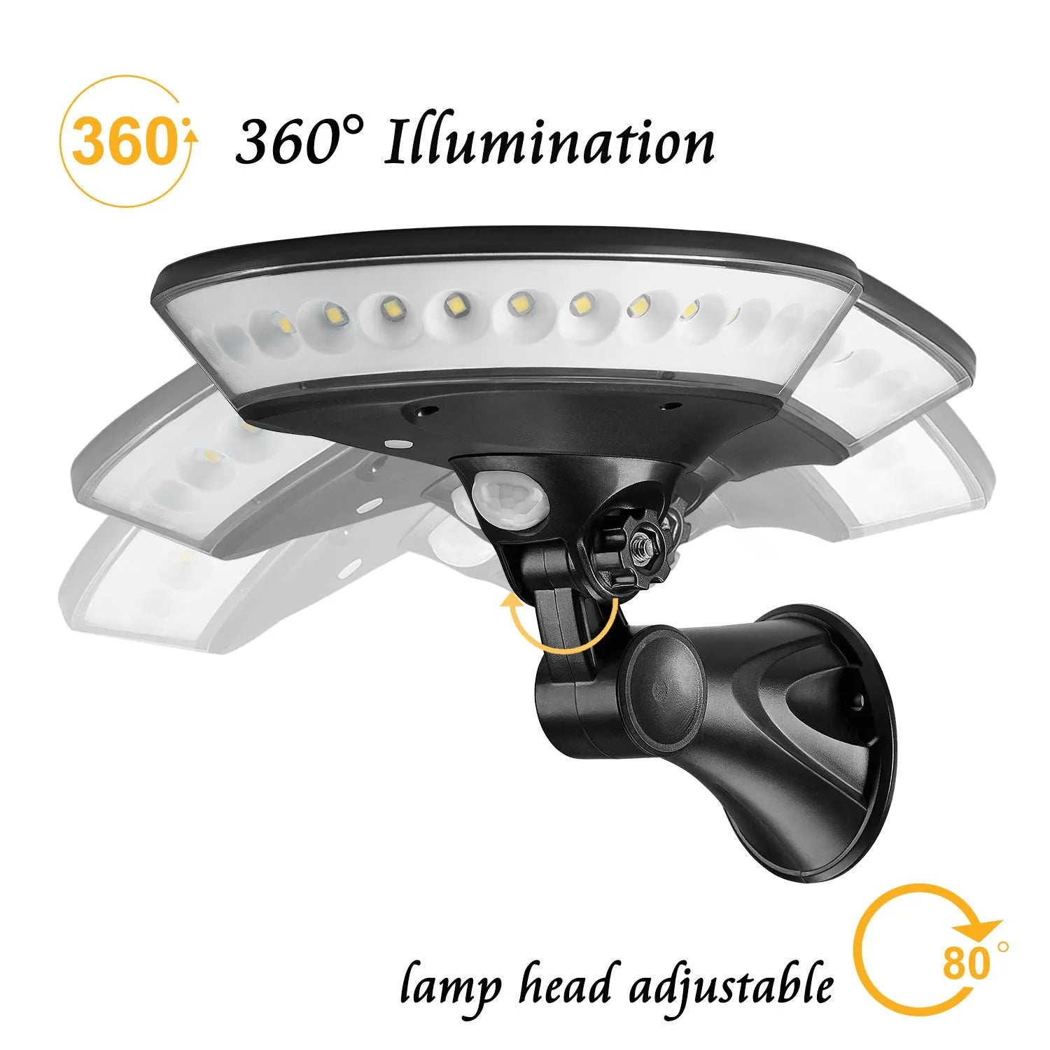 360 degree luminous solar light with ABS housing and IP65 waterproof rating for outdoor installation