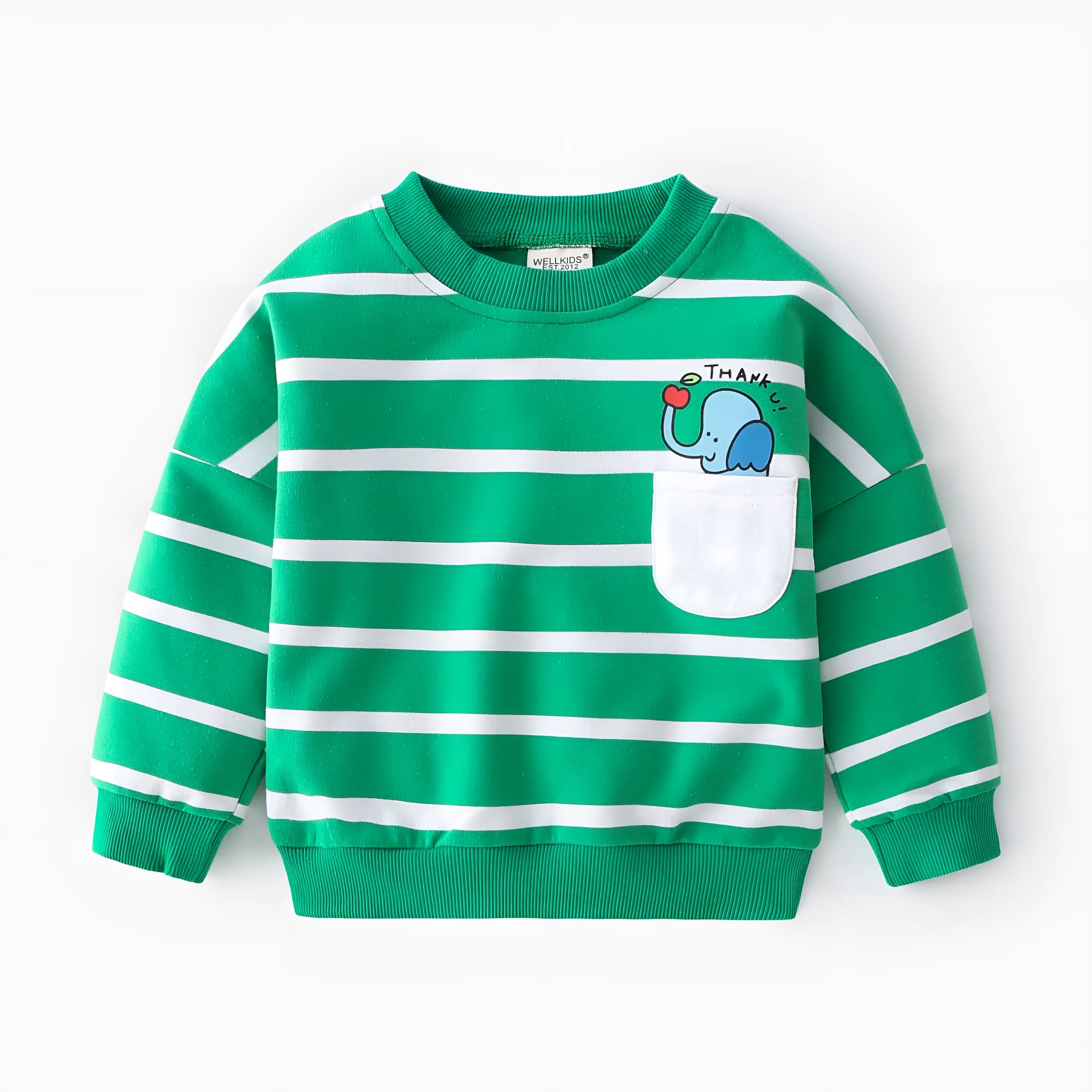 Spring boys striped cotton sweater loose round neck pullover in green and white with pocket