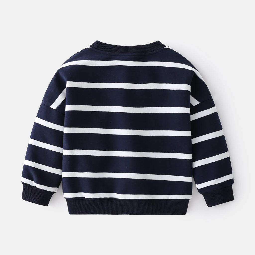 Spring boys striped cotton sweater loose round neck pullover in green and white with pocket