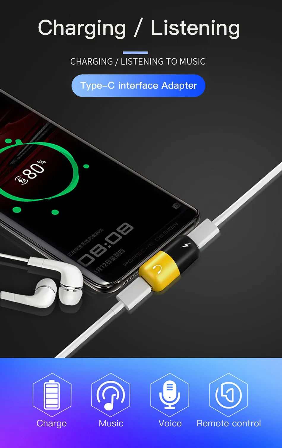 Blue 2-in-1 charging audio cover case for Huawei and Honor phones showing 3.5mm port.