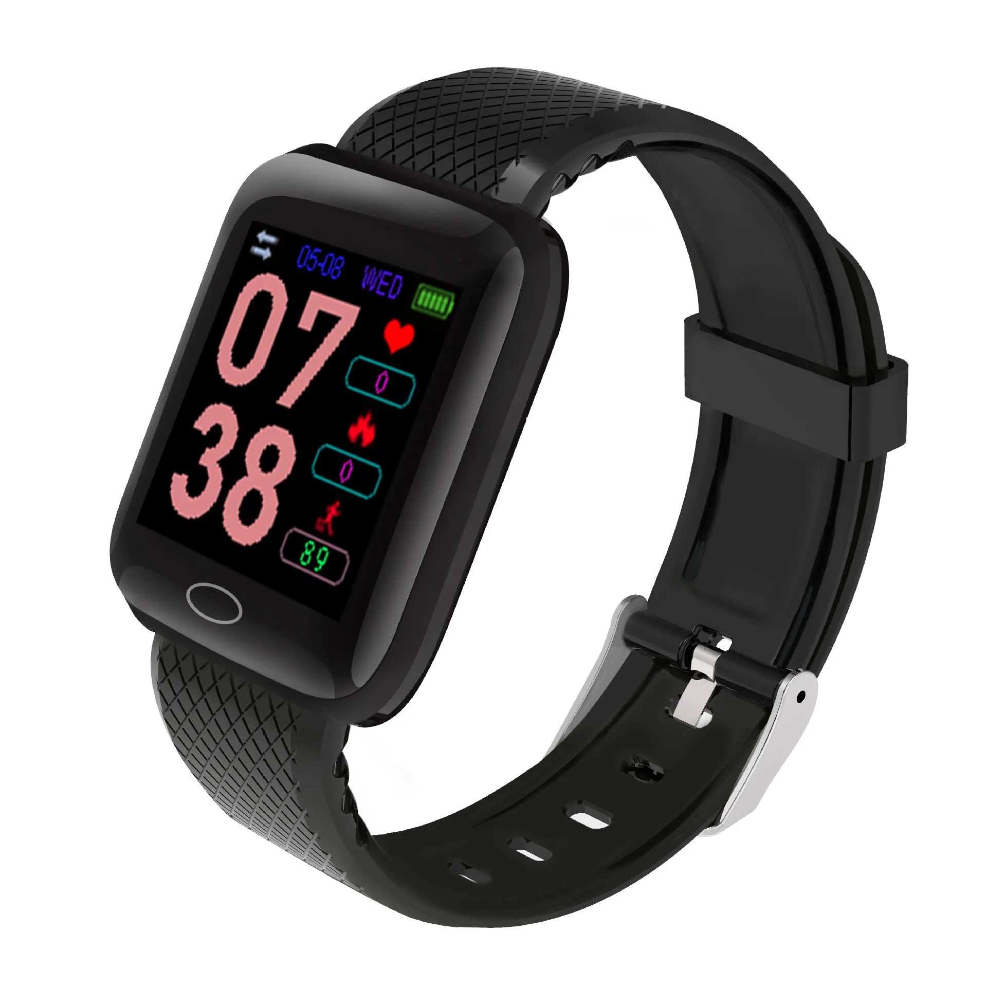 116PLUS Smart Bracelet with heart rate monitor and pedometer showing 1.3 inch colour screen and silicone strap