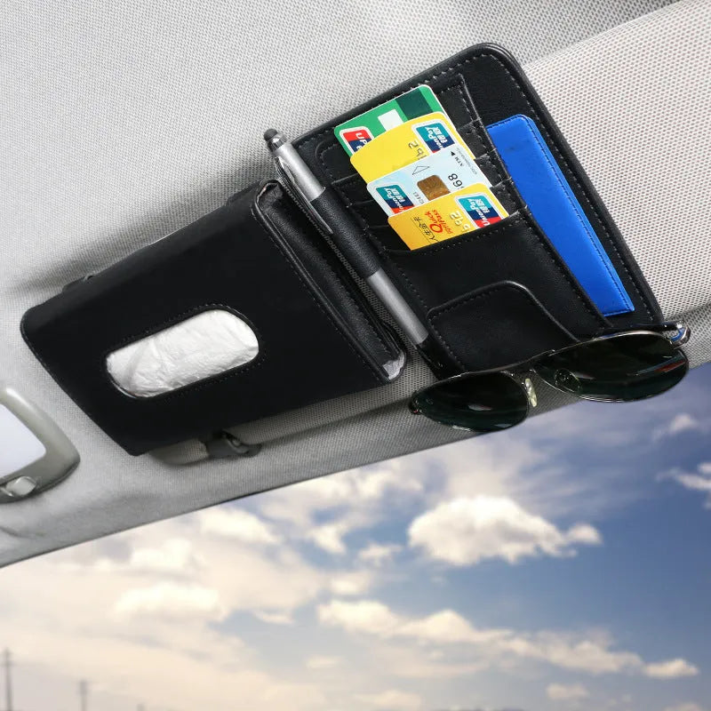 Creative car sun visor tissue box holder with invoice folder and card slot in apricot and black leather