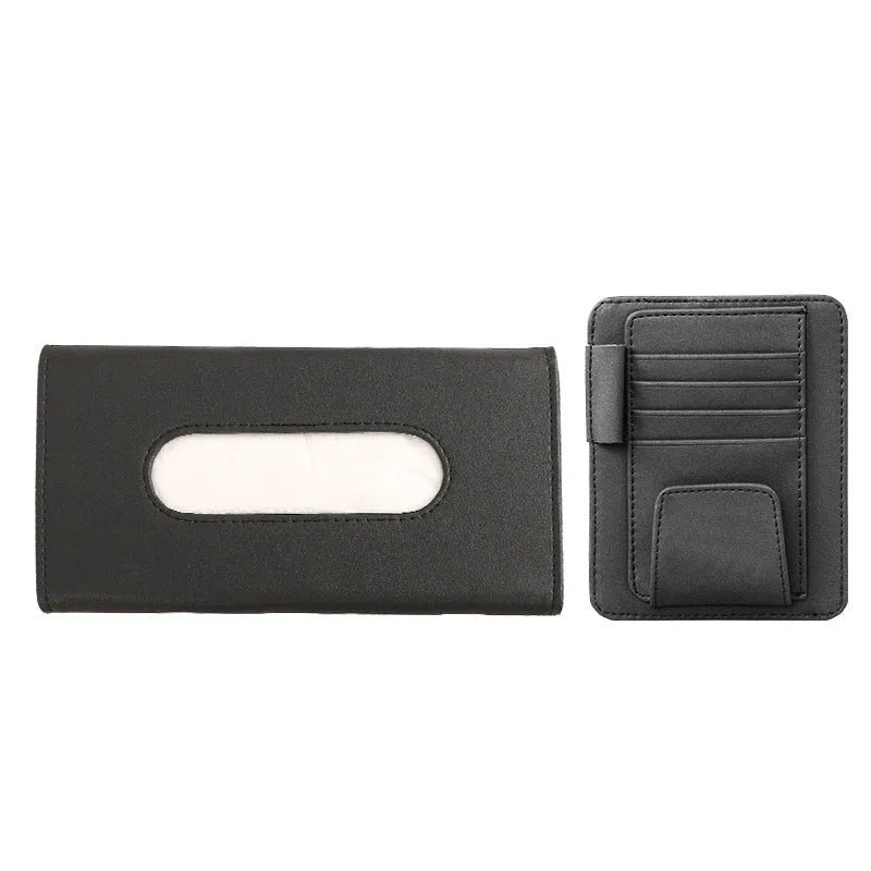Creative car sun visor tissue box holder with invoice folder and card slot in apricot and black leather