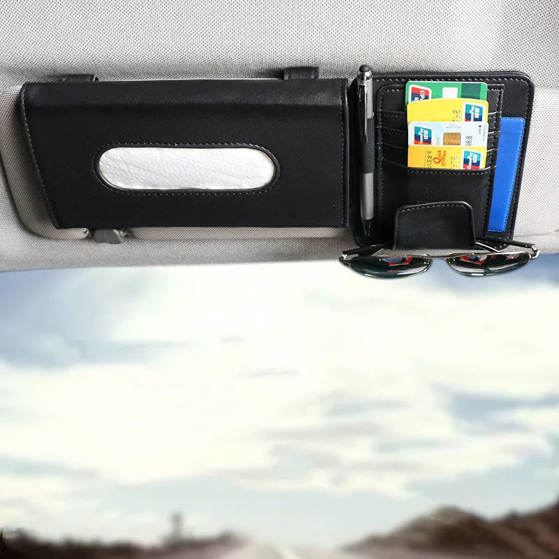 Creative car sun visor tissue box holder with invoice folder and card slot in apricot and black leather