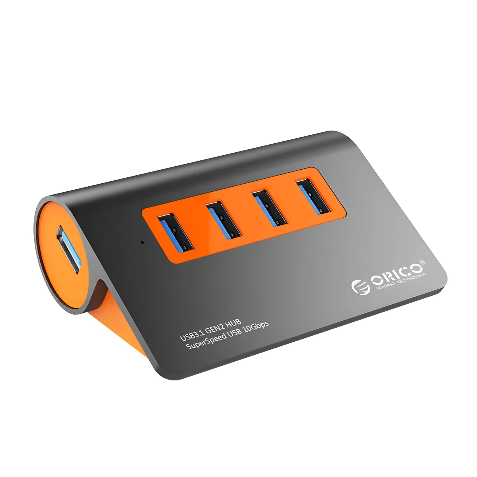 Dark grey USB hub with four ports and orange accents, showing aluminium construction and separate data cable