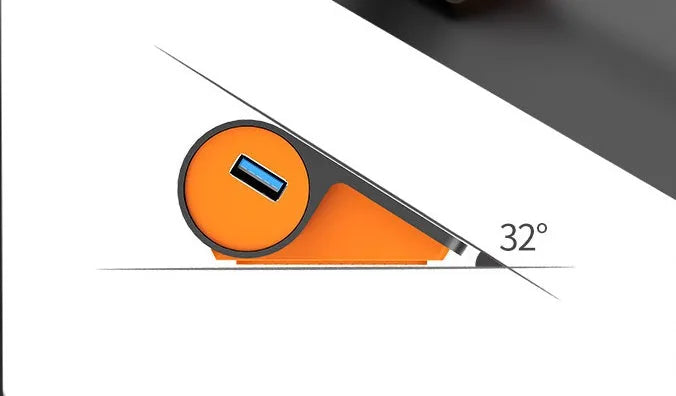 Dark grey USB hub with four ports and orange accents, showing aluminium construction and separate data cable