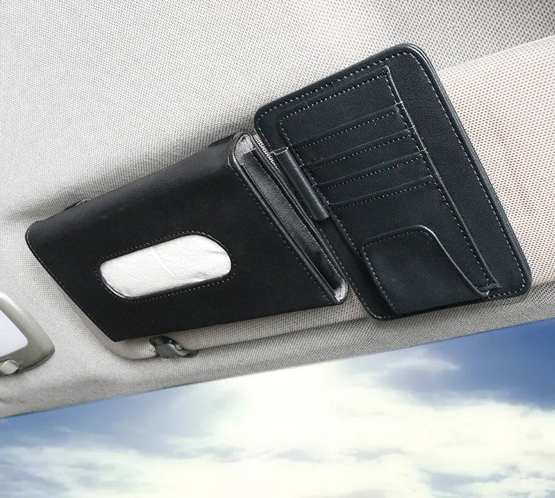 Creative car sun visor tissue box holder with invoice folder and card slot in apricot and black leather