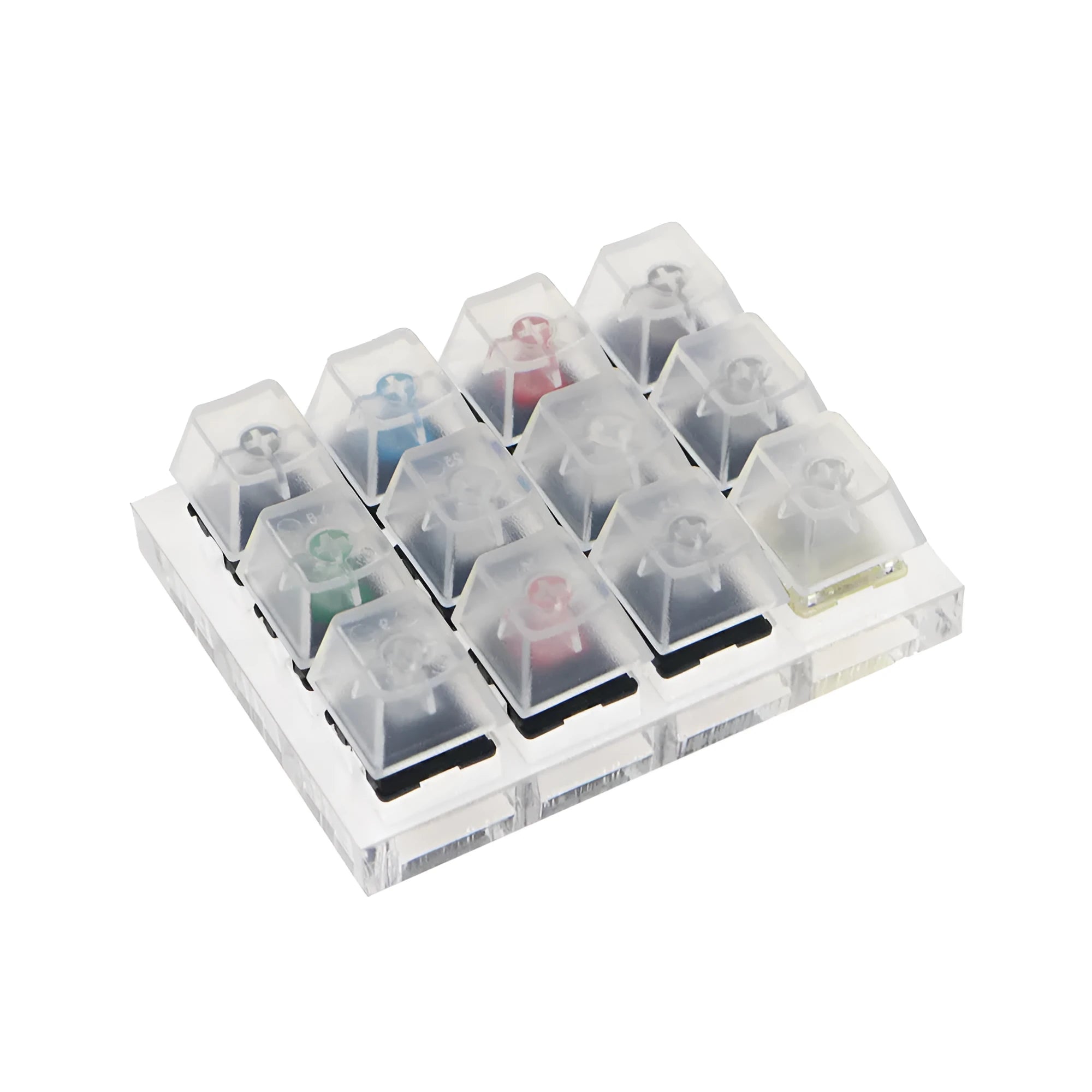 Cherry Original Twelve-Axis Tester showing twelve different MX switches in a plastic housing, available in black green and white