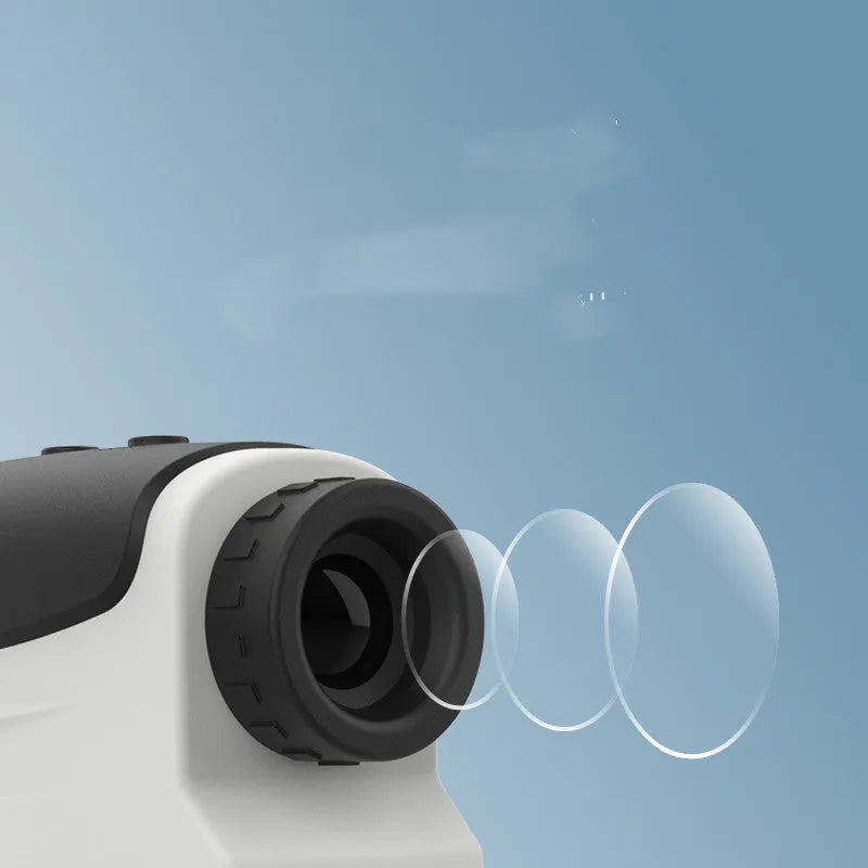 Handheld golf laser rangefinder distance measurer showing DKW model options on display.