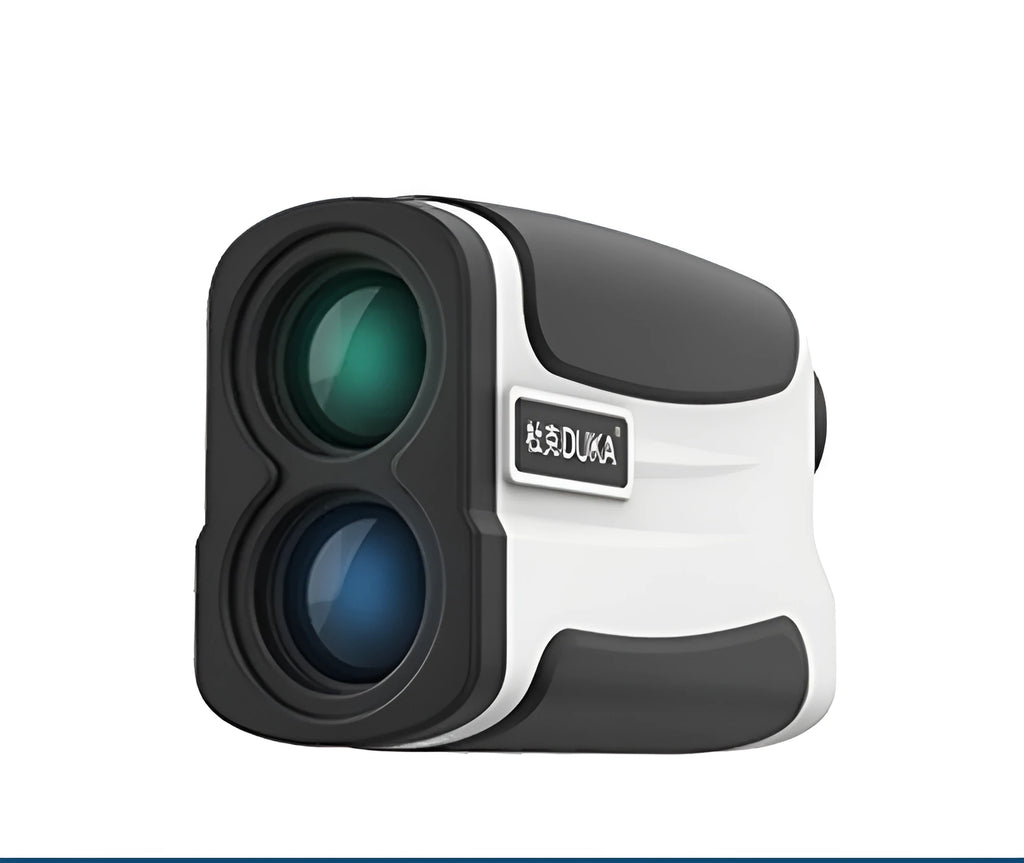 Handheld golf laser rangefinder distance measurer showing DKW model options on display.