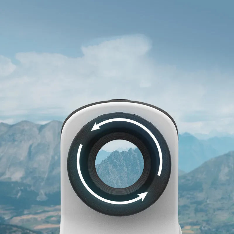 Handheld golf laser rangefinder distance measurer showing DKW model options on display.