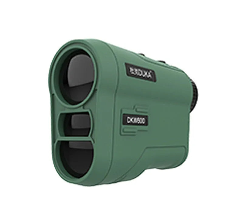 Handheld golf laser rangefinder distance measurer showing DKW model options on display.