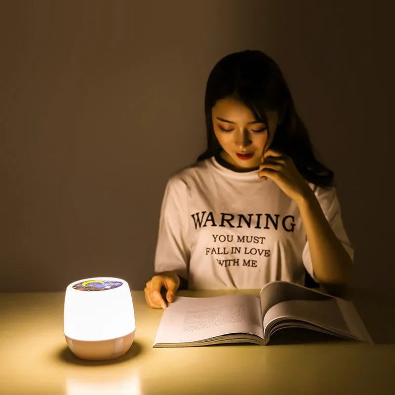 Pruixin PRX1363 rotating projector night light showing star and moon pattern on wall.