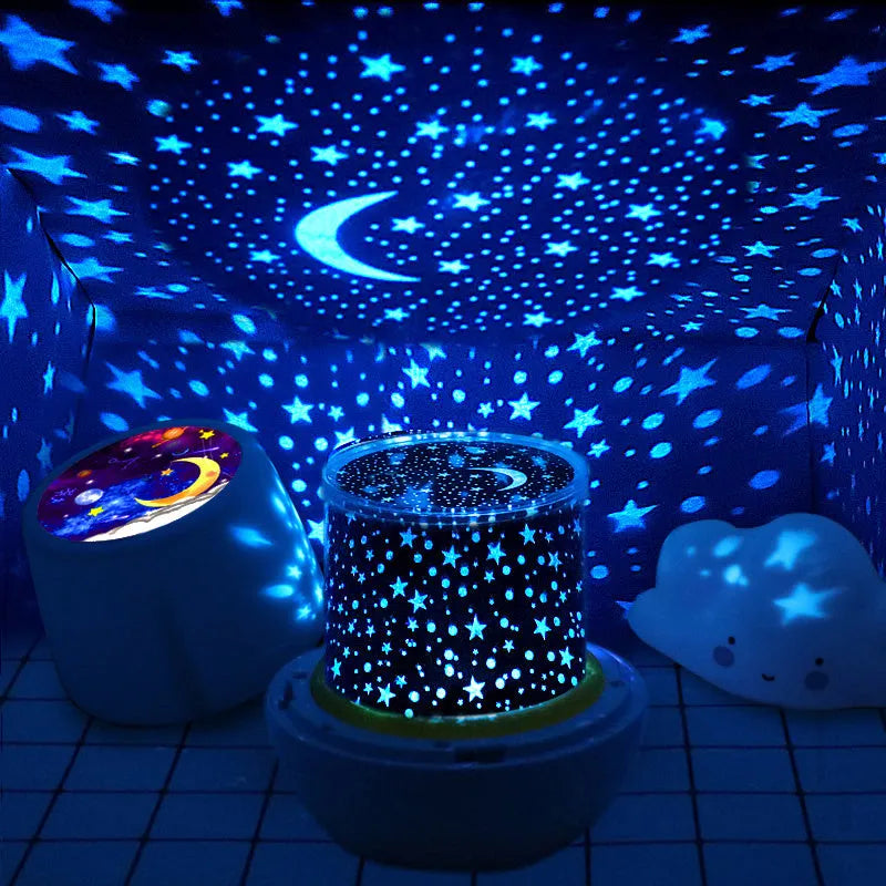 Pruixin PRX1363 rotating projector night light showing star and moon pattern on wall.