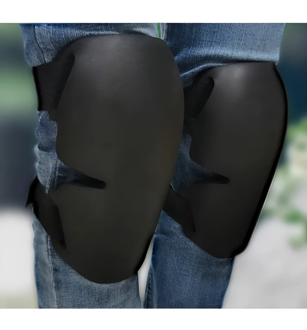 Black sports knee pad with EVA foam padding for outdoor construction and gardening use, 22 by 14 by 1.7 centimetres