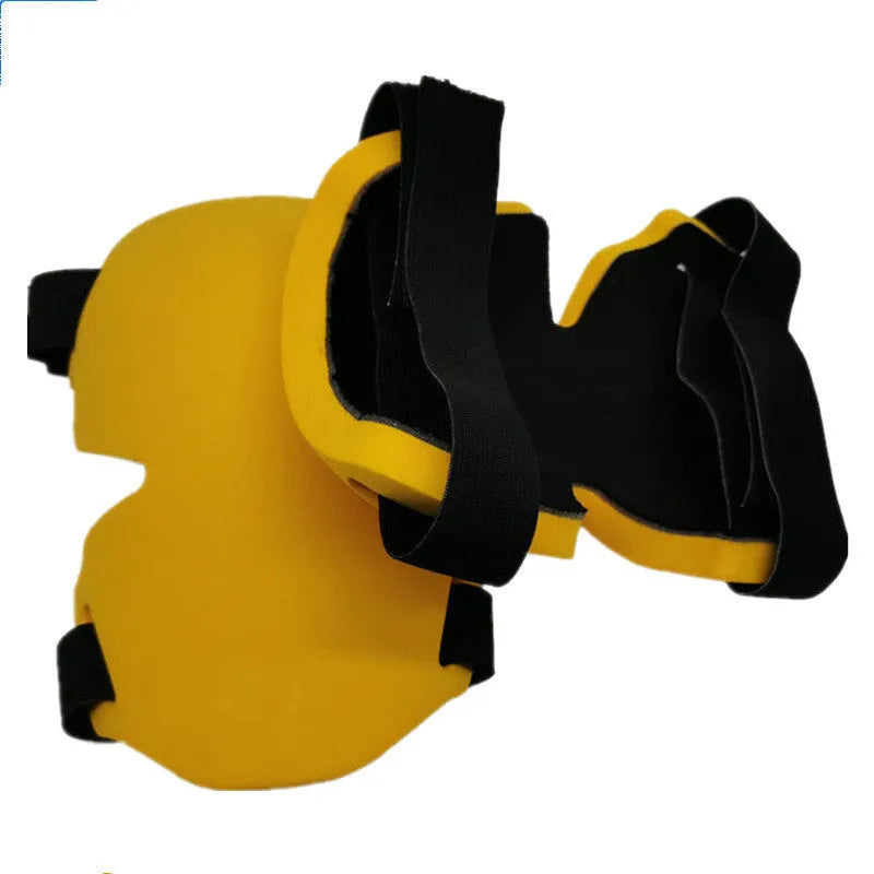 Black sports knee pad with EVA foam padding for outdoor construction and gardening use, 22 by 14 by 1.7 centimetres