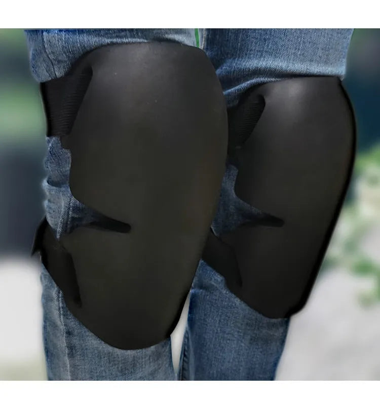 Black sports knee pad with EVA foam padding for outdoor construction and gardening use, 22 by 14 by 1.7 centimetres