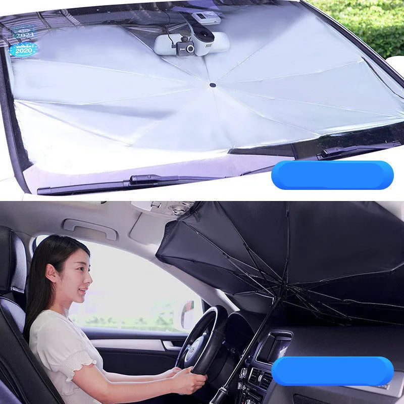 Sun-proof car visor umbrella in impact cloth with silver glue, steel frame, manual open, front windscreen shade