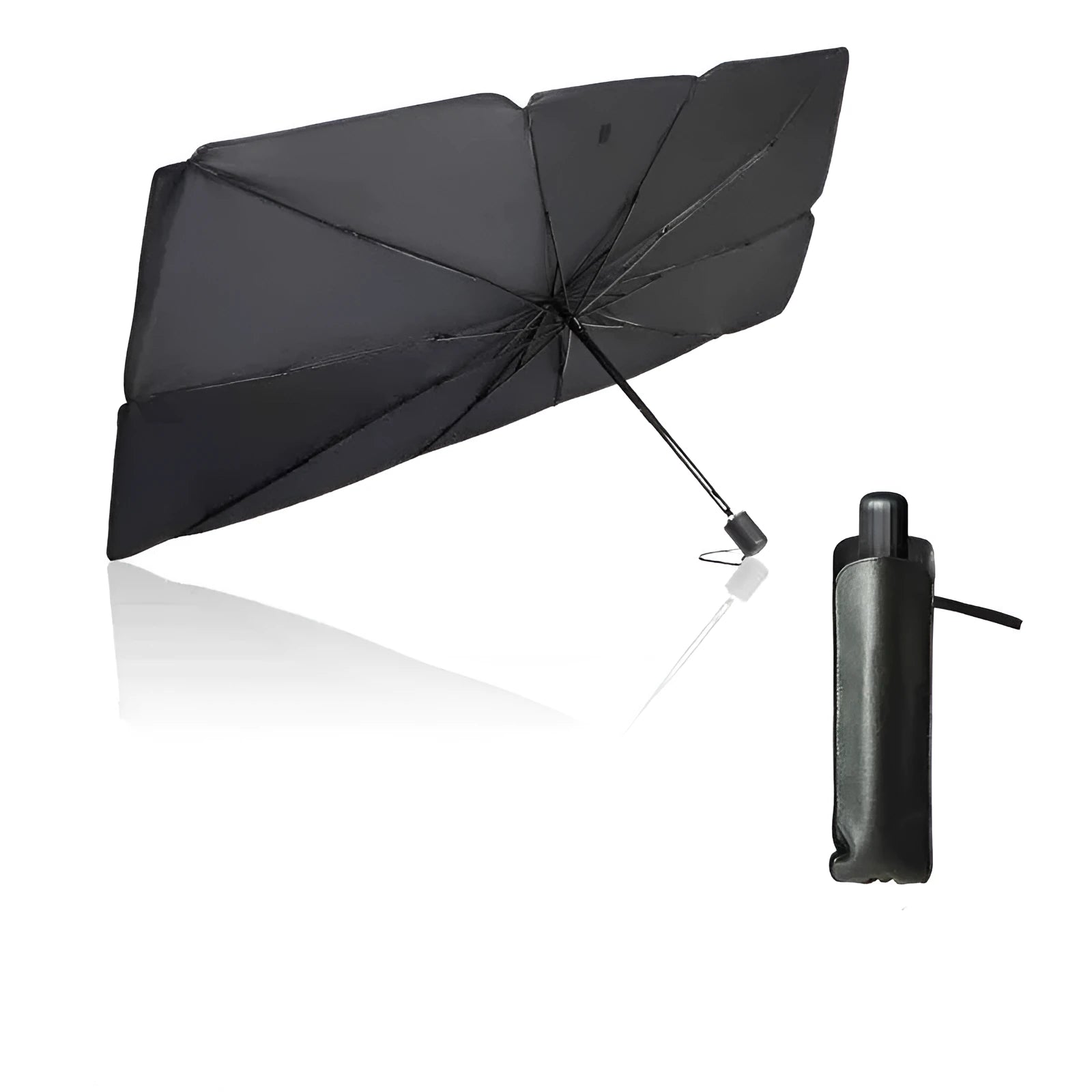 Sun-proof car visor umbrella in impact cloth with silver glue, steel frame, manual open, front windscreen shade