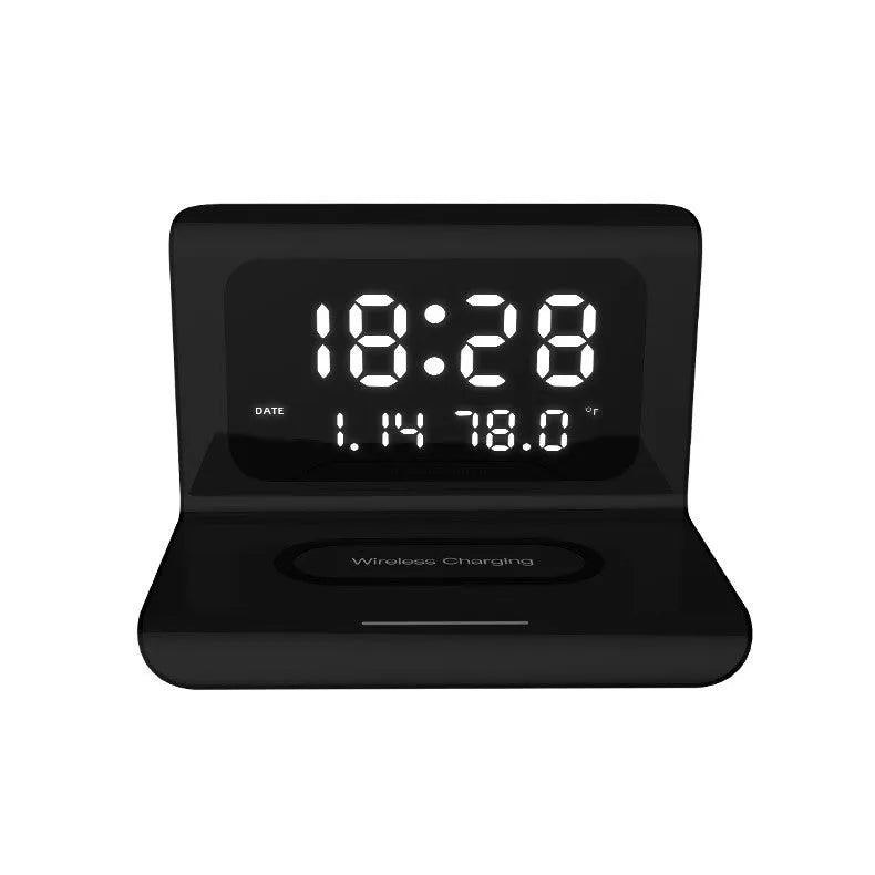 N1 model wireless charging alarm clock showing time, date and temperature display with phone charging on surface