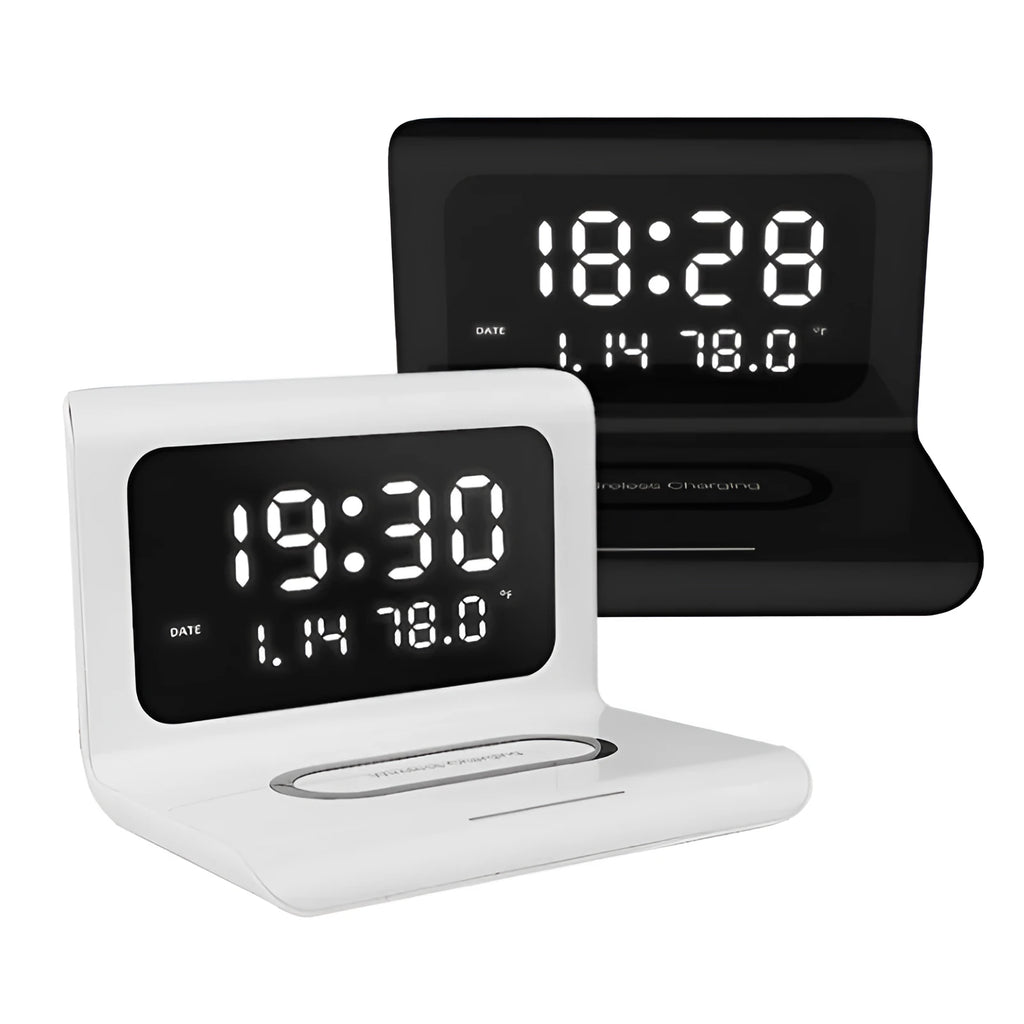 N1 model wireless charging alarm clock showing time, date and temperature display with phone charging on surface