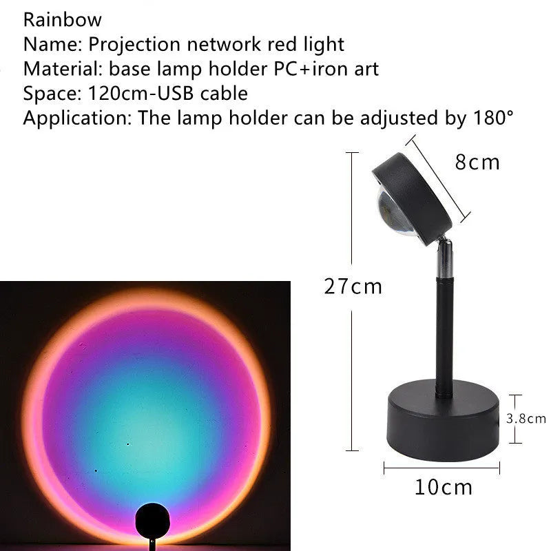 WiFi LED sunset projector light with 16 RGB colours, 360° rotation, glass lampshade, and touch switch