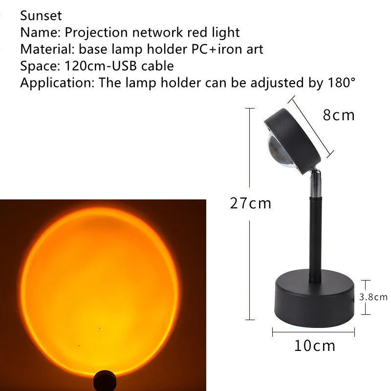 WiFi LED sunset projector light with 16 RGB colours, 360° rotation, glass lampshade, and touch switch