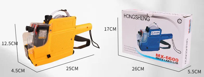 Manual price labelling machine in choice of blue, red, or yellow colour with ink roller and paper rolls