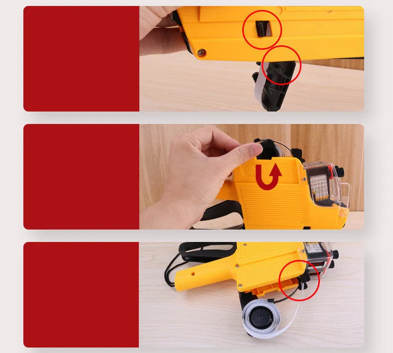 Manual price labelling machine in choice of blue, red, or yellow colour with ink roller and paper rolls