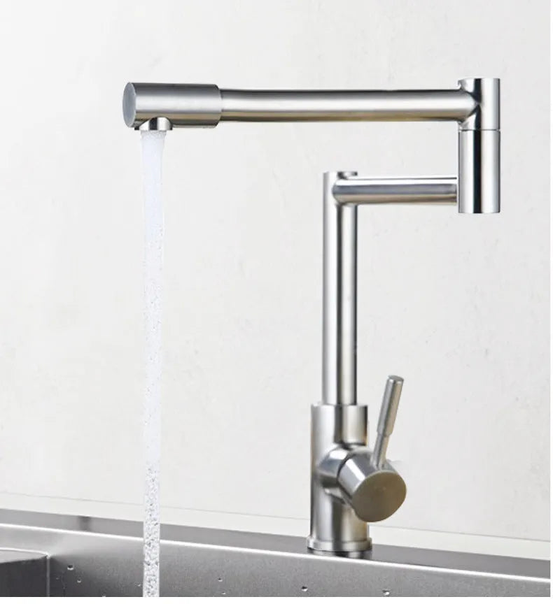 Silver stainless steel kitchen mixer tap with 360-degree rotating spout