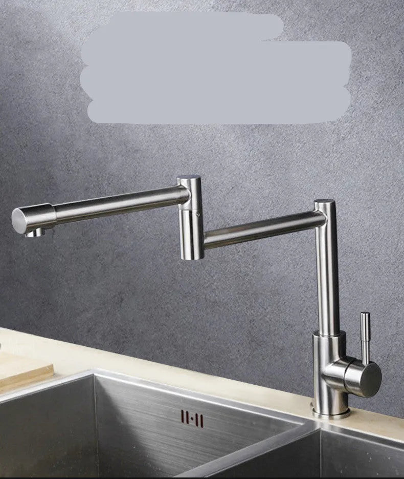 Silver stainless steel kitchen mixer tap with 360-degree rotating spout
