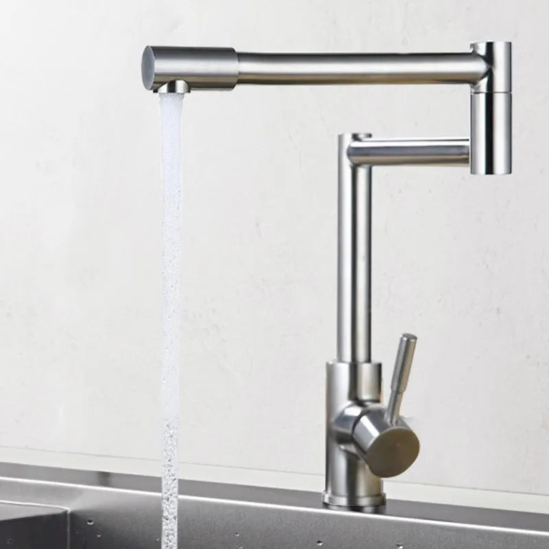 Silver stainless steel kitchen mixer tap with 360-degree rotating spout