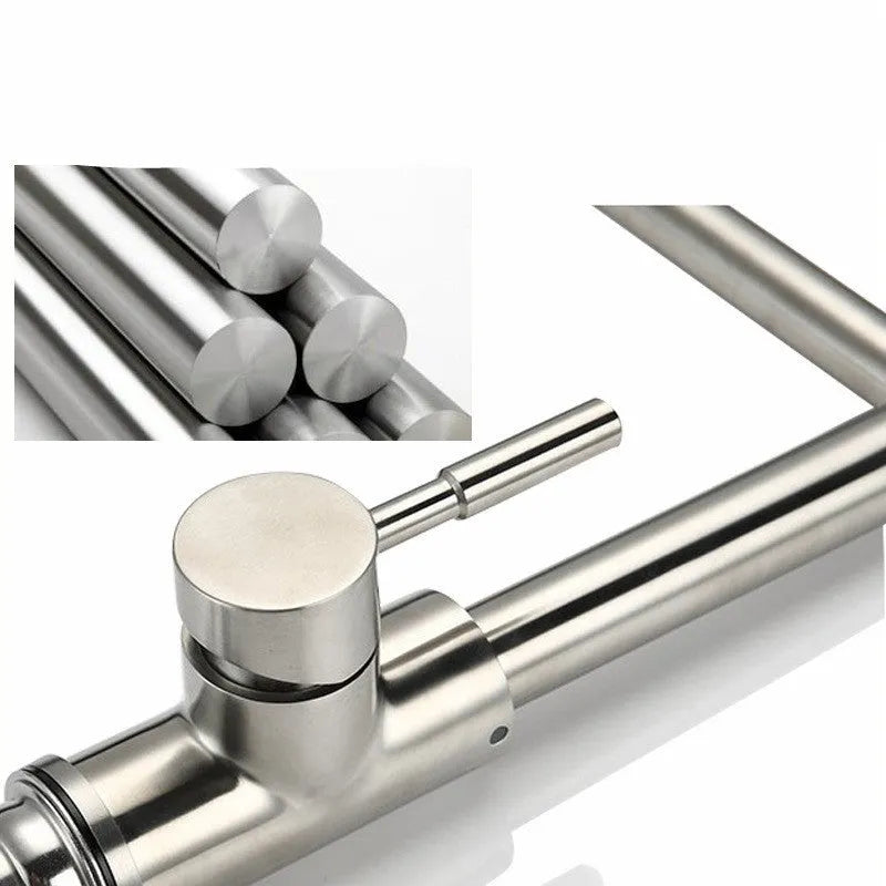 Silver stainless steel kitchen mixer tap with 360-degree rotating spout