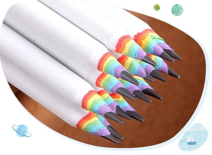 Rainbow HB environmental pencil set: 12 wooden pencils with black and white leads in opp packaging