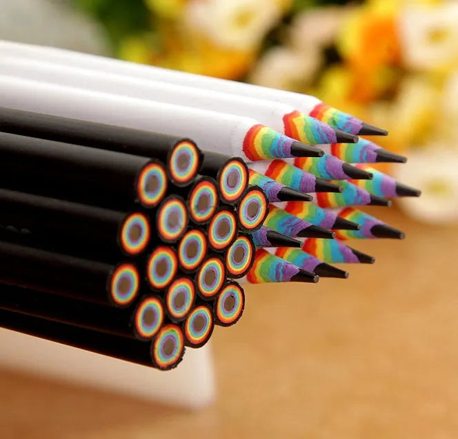 Rainbow HB environmental pencil set: 12 wooden pencils with black and white leads in opp packaging