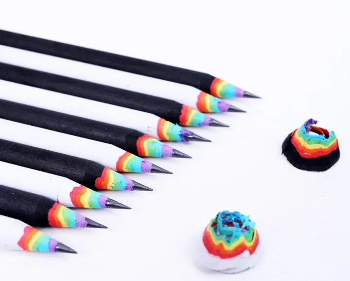 Rainbow HB environmental pencil set: 12 wooden pencils with black and white leads in opp packaging