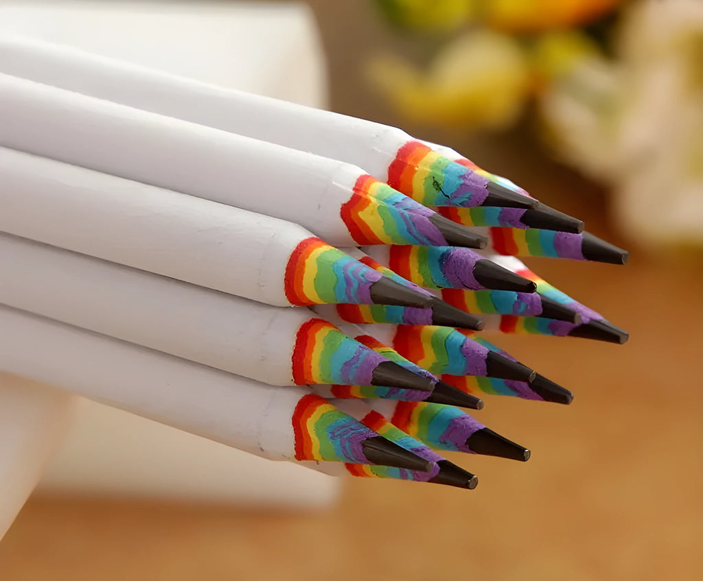 Rainbow HB environmental pencil set: 12 wooden pencils with black and white leads in opp packaging