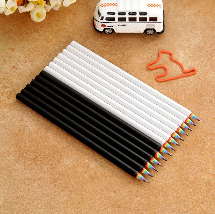 Rainbow HB environmental pencil set: 12 wooden pencils with black and white leads in opp packaging