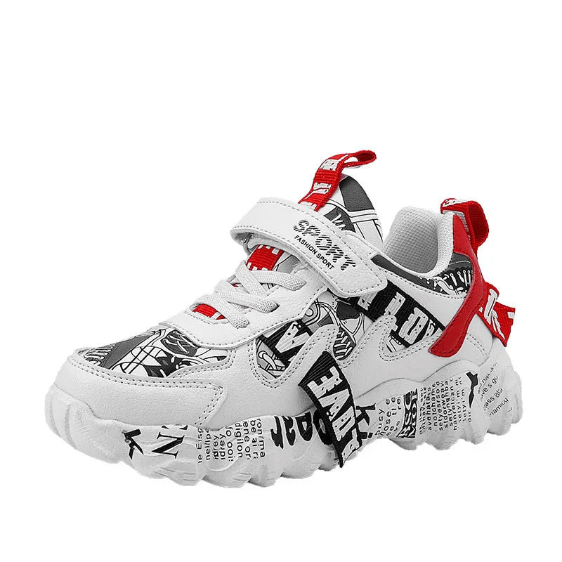 Kids boys sneakers with Velcro fastening in beige blue, white red, and bright red colour options