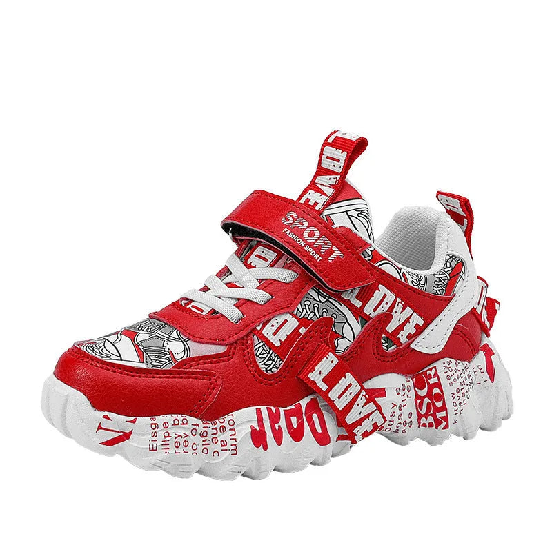 Kids boys sneakers with Velcro fastening in beige blue, white red, and bright red colour options
