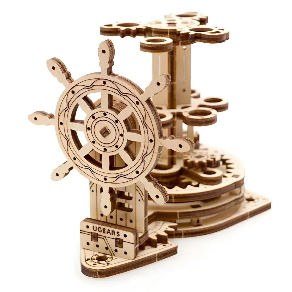 Ukrainian wooden rotating pen holder with steering wheel mechanism on desk