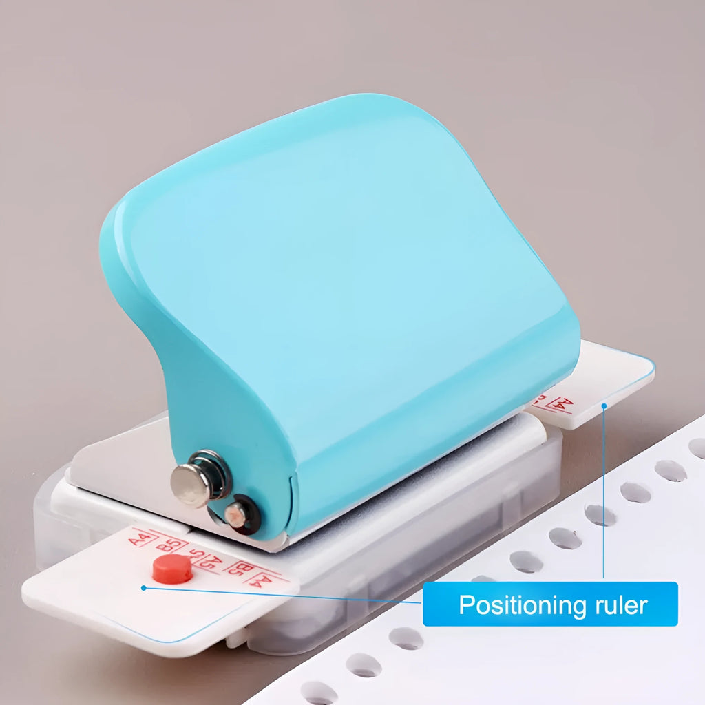 A4 manual puncher for iron ring binding in sky blue, dimensions 120x55x65mm, on a white background