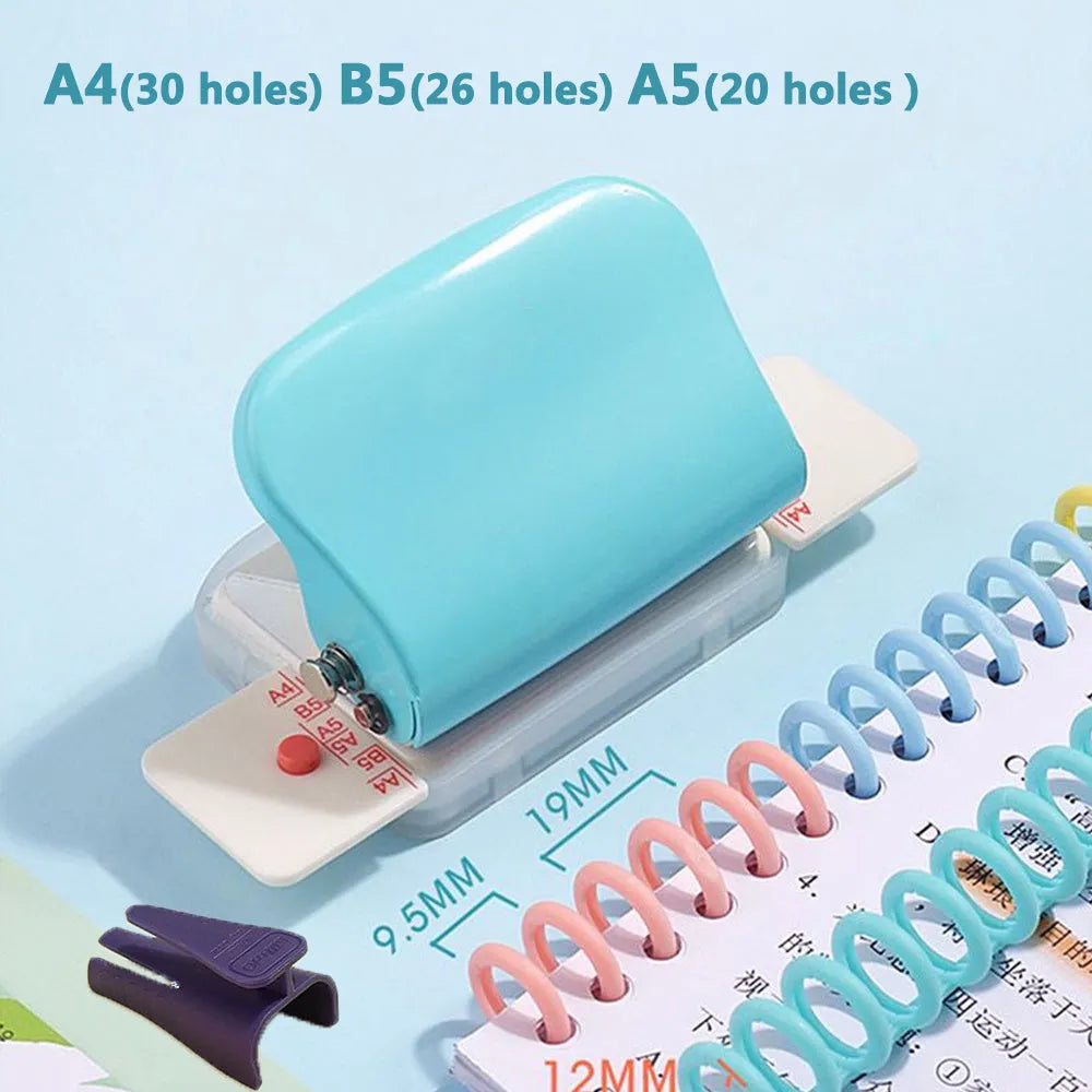 A4 manual puncher for iron ring binding in sky blue, dimensions 120x55x65mm, on a white background