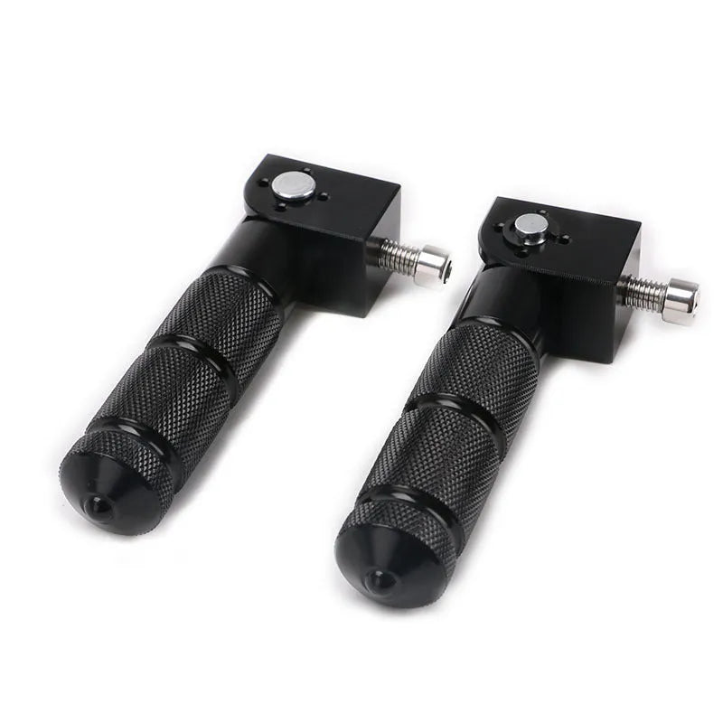 Two black universal motorcycle passenger footpegs with anti-slip surface, model HC019