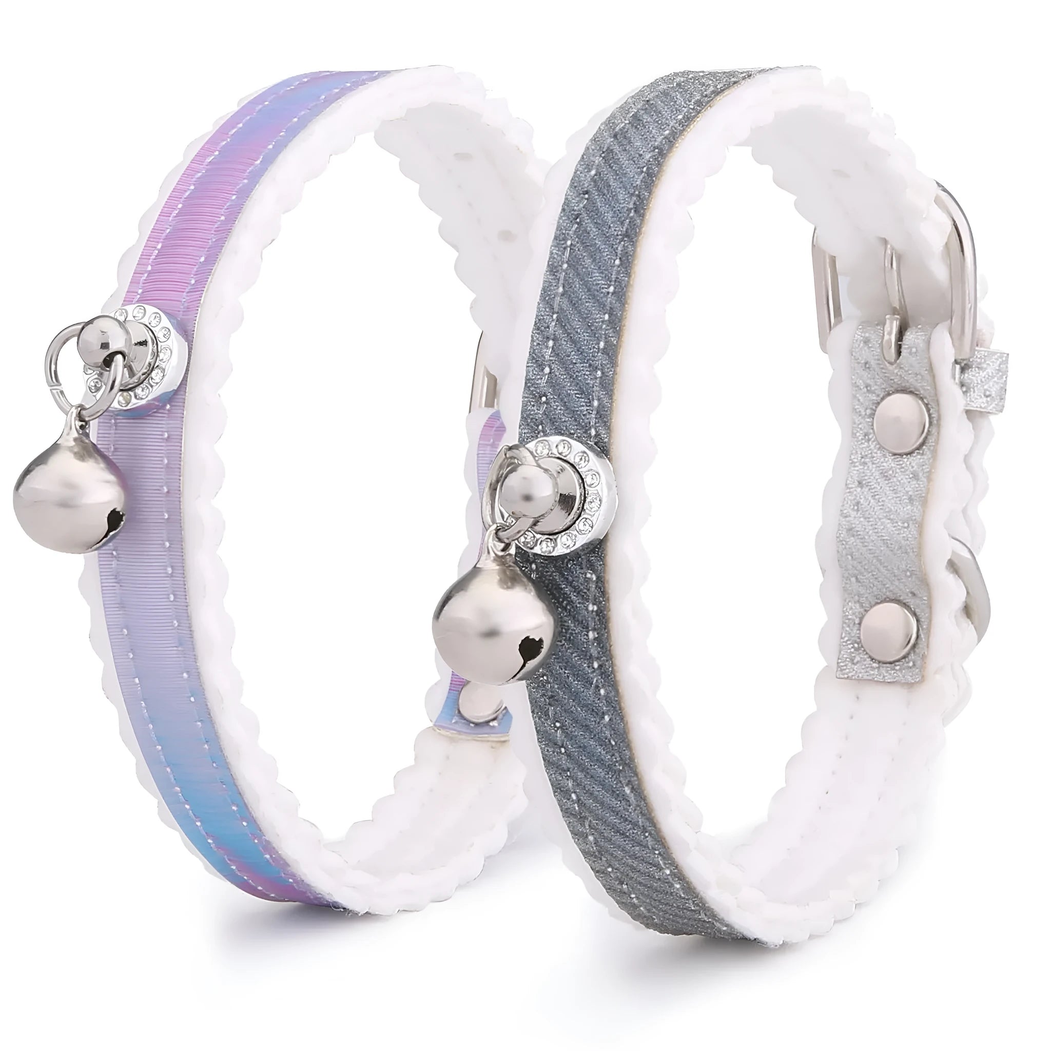 Gradient colour PU pet collar with silver bell on a white background, free size for cats and small dogs