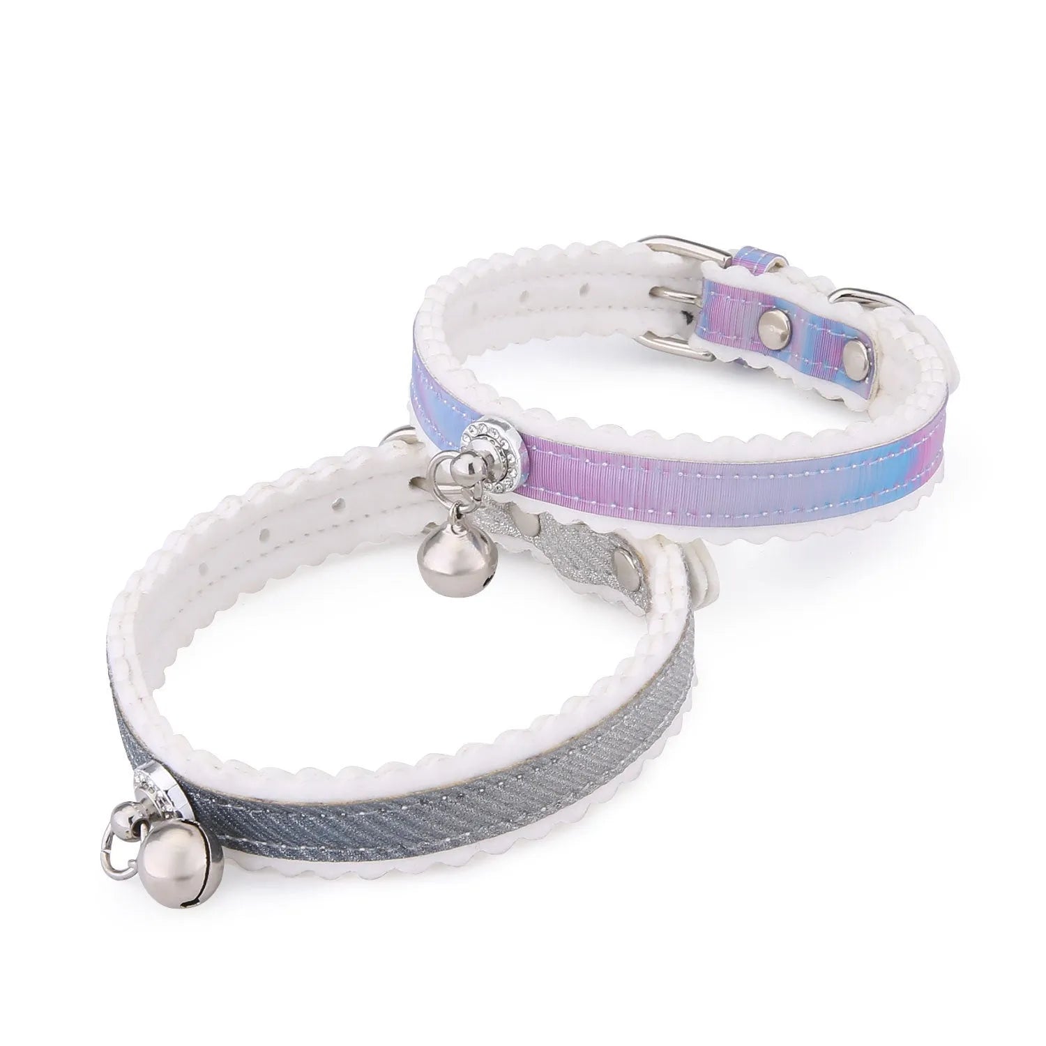 Gradient colour PU pet collar with silver bell on a white background, free size for cats and small dogs