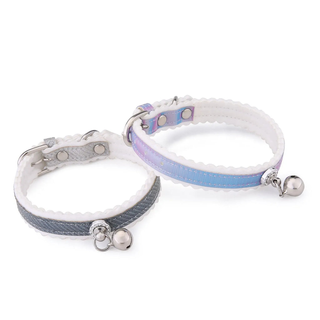 Gradient colour PU pet collar with silver bell on a white background, free size for cats and small dogs